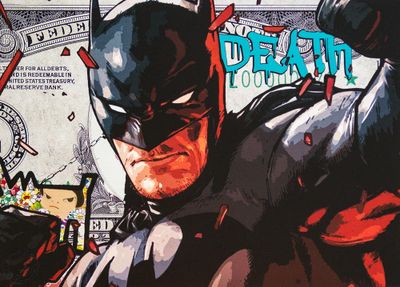 a drawing of a man in a batman costume holding a bat