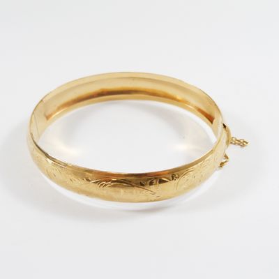 Bracelet Jonc Ancien Style Art Déco Années 1920 En Plaqué Or Guilloché - Occasion, Origine France, Bijou Vintage