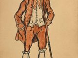 un vieux dessin représentant un homme avec un chapeau et une canne