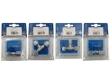 four pack of blue and white batteries in plastic packaging