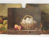 trois tableaux représentant des fruits et des œufs dans un panier posé sur une table