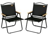 une paire de chaises de jardin pliantes noires avec des accoudoirs en bois