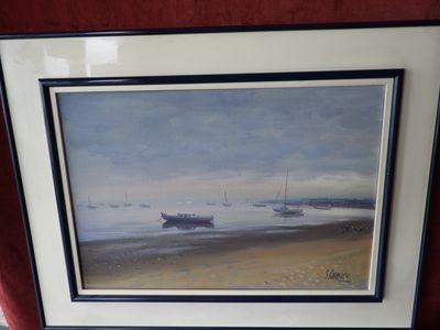 painting of a beach scene with boats in the water