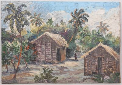 un tableau représentant un petit village avec un toit de chaume