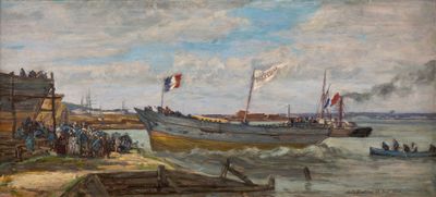 une peinture représentant un bateau dans l'eau avec des personnes à bord