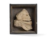 a stone sculpture of a fish in a wooden box