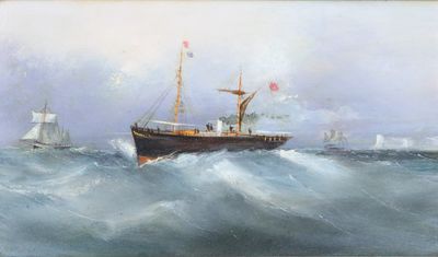 une peinture à l'huile représentant un navire en mer, avec d'autres navires en arrière-plan