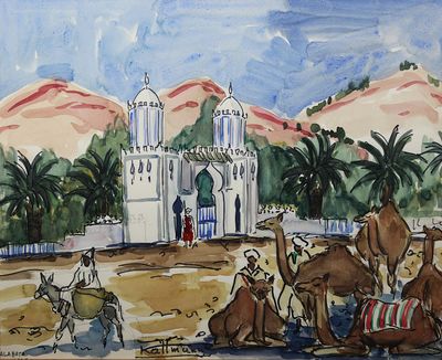 painting of a group of camels sitting in front of a white building