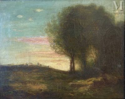 an oil painting of two trees in a field with a sky in the background