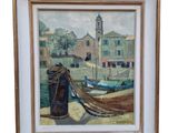 an oil painting of a boat tied to a dock with a building in the background