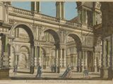an old drawing of a building with columns and arches