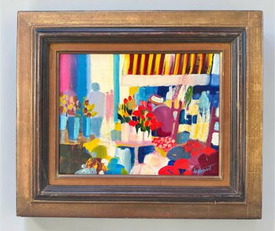 une peinture à l'huile représentant un magasin de fleurs, avec des fleurs au premier plan