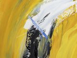 an abstract painting of a person holding an umbrella in a yellow field