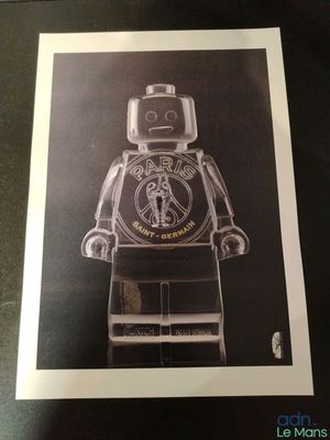 drawing of a black and white picture of a lego man with a peace sign on his head