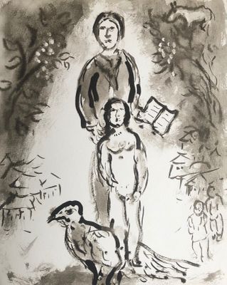 dessin représentant un homme et une femme debout à côté d'un oiseau