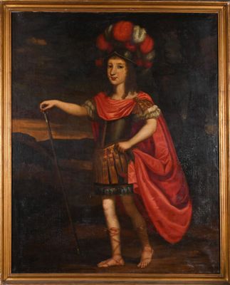 tableau représentant un jeune garçon vêtu d'une armure et tenant un bâton