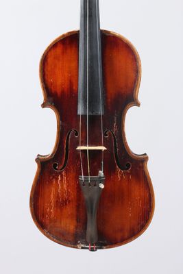 a close up of a violin with a bow on a white background