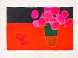 un tableau représentant un vase contenant des fleurs roses