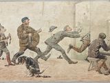 un tableau représentant un groupe d'hommes jouant avec un chien
