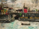 un tableau représentant une ville au bord de l'eau avec des bateaux