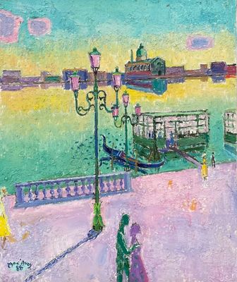 un tableau représentant des personnes marchant sur le trottoir au bord de l'eau