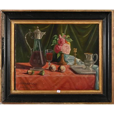 une peinture à l'huile représentant une nature morte avec un vase et d'autres objets