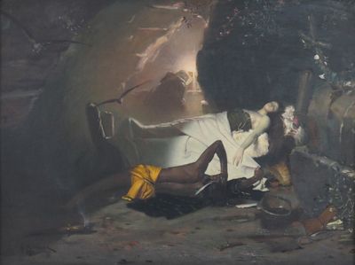 a painting of a woman laying in a bathtub