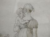a drawing of a woman holding a child in her arms