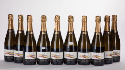 six bouteilles de champagne alignées sur une surface blanche