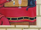 a painting of a black cat sitting at a table with a glass of wine