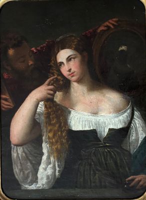 tableau représentant une femme en train de se peigner les cheveux longs, avec un homme en arrière-plan