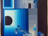 an abstract painting of blue and white squares with a black circle in the middle