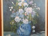 a painting of flowers in a blue vase on a table