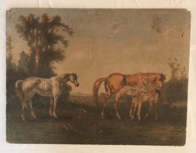 un tableau représentant un groupe de chevaux dans un pré
