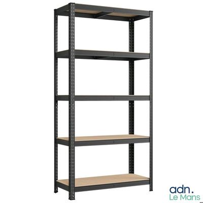 a black metal shelving with four shelves on each side