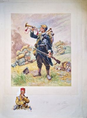 tableau représentant un soldat tenant une trompette à la main, avec un petit soldat au premier plan