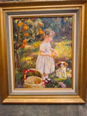 tableau représentant une petite fille avec un panier d'oranges et un chien