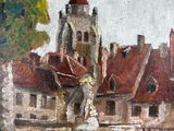 an oil painting of a fountain in front of a building with a clock tower