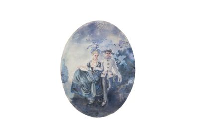 a picture of a painting of two people sitting on a bench