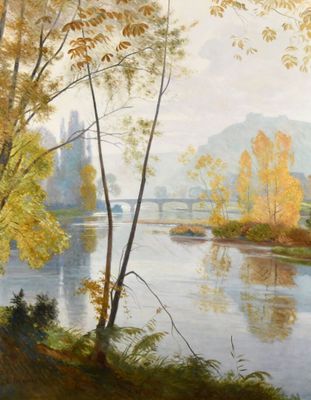 l'image d'une peinture représentant une rivière avec un pont en arrière-plan