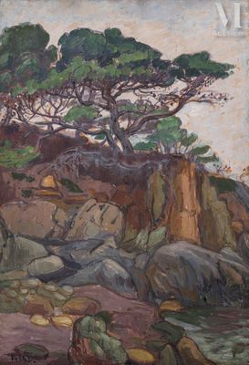 an image of a painting of rocks and trees on a cliff