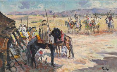 une peinture représentant un groupe de personnes à cheval