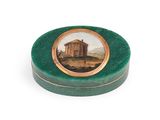 a green box with a picture of a building on it