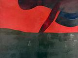 peinture abstraite représentant un cheval, dans des tons de rouge, noir et bleu