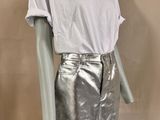 silver metallic mini skirt and t - shirt on mannequin mannequin