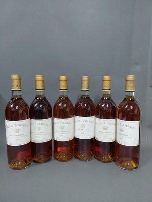 six bouteilles de vin sont alignées sur une table