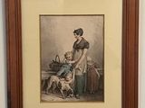 tableau représentant une femme avec un chien et un chat, dans un cadre en bois