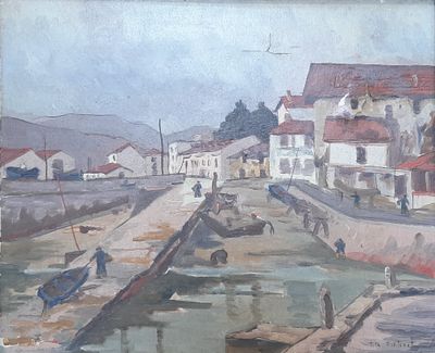 a painting of a harbor scene with boats in the water