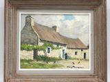 une peinture à l'huile représentant une maison devant laquelle se trouvent un chien et un chat