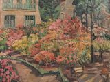 a painting of a garden with flowers and a bench